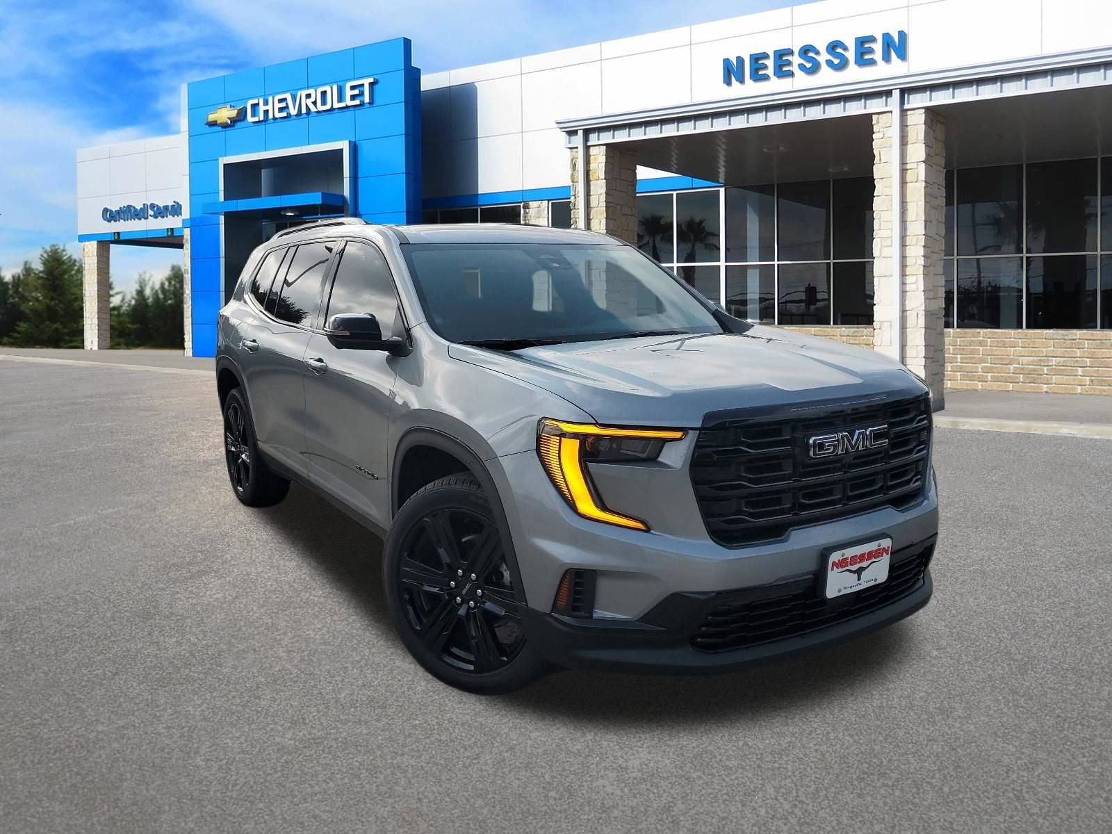 2026 GMC Acadia Elevation in Sterling Metallic — front three-quarter view