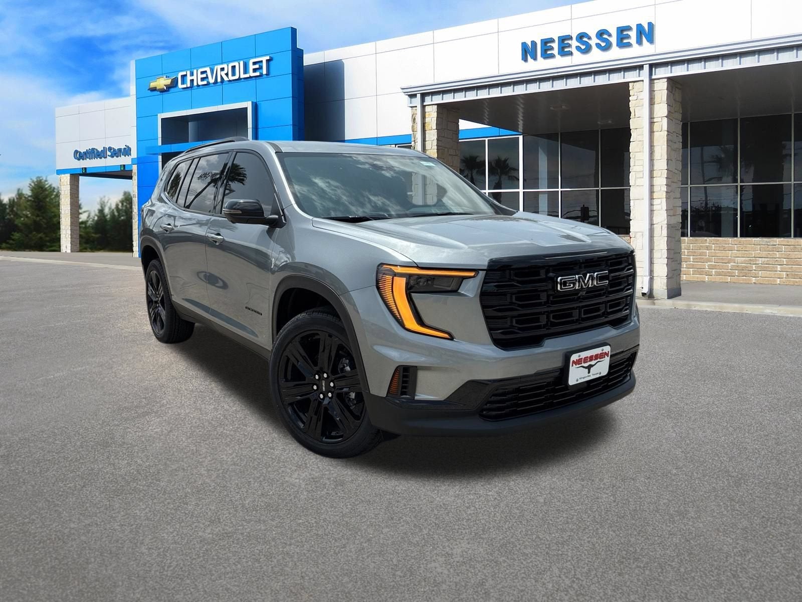 2026 GMC Acadia Elevation in Sterling Metallic — front three-quarter view