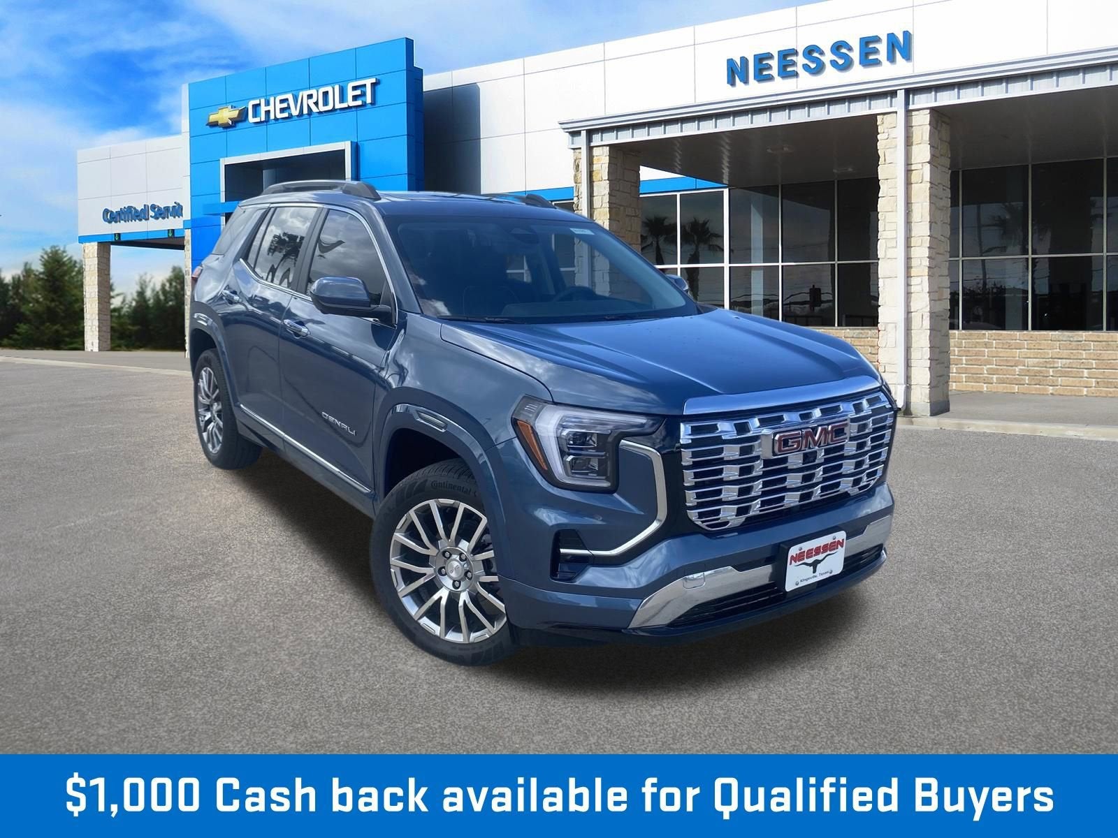 2026 GMC Terrain Denali in Downpour Metallic — front three-quarter view